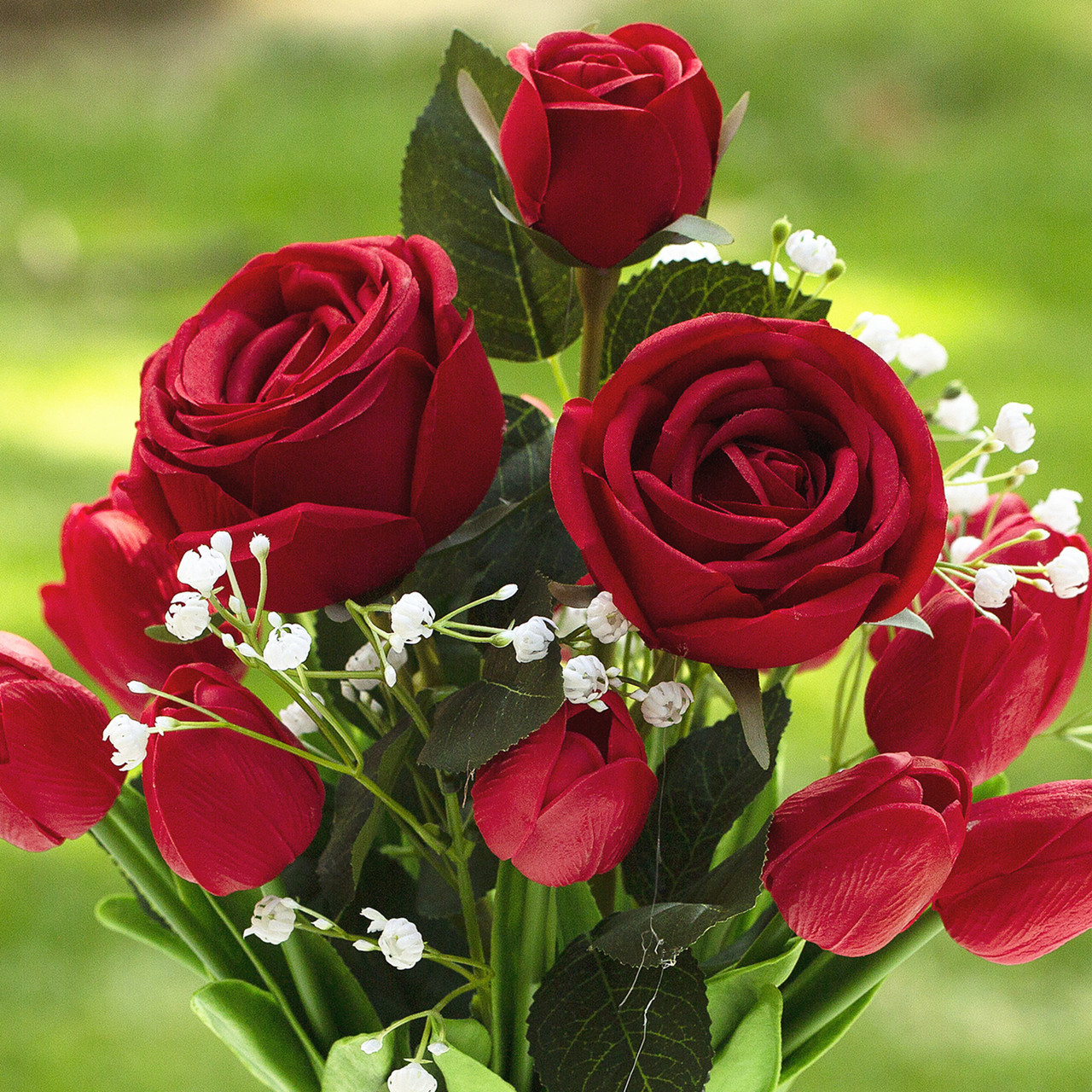 Mixed Artificial Real Touch Tulip and Rose Flower Arrangement in Clear Glass Vase with Faux Water (New) — Available in 3 Colors