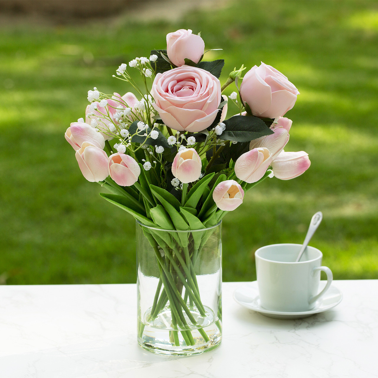 Mixed Artificial Real Touch Tulip and Rose Flower Arrangement in Clear Glass Vase with Faux Water (New) — Available in 3 Colors