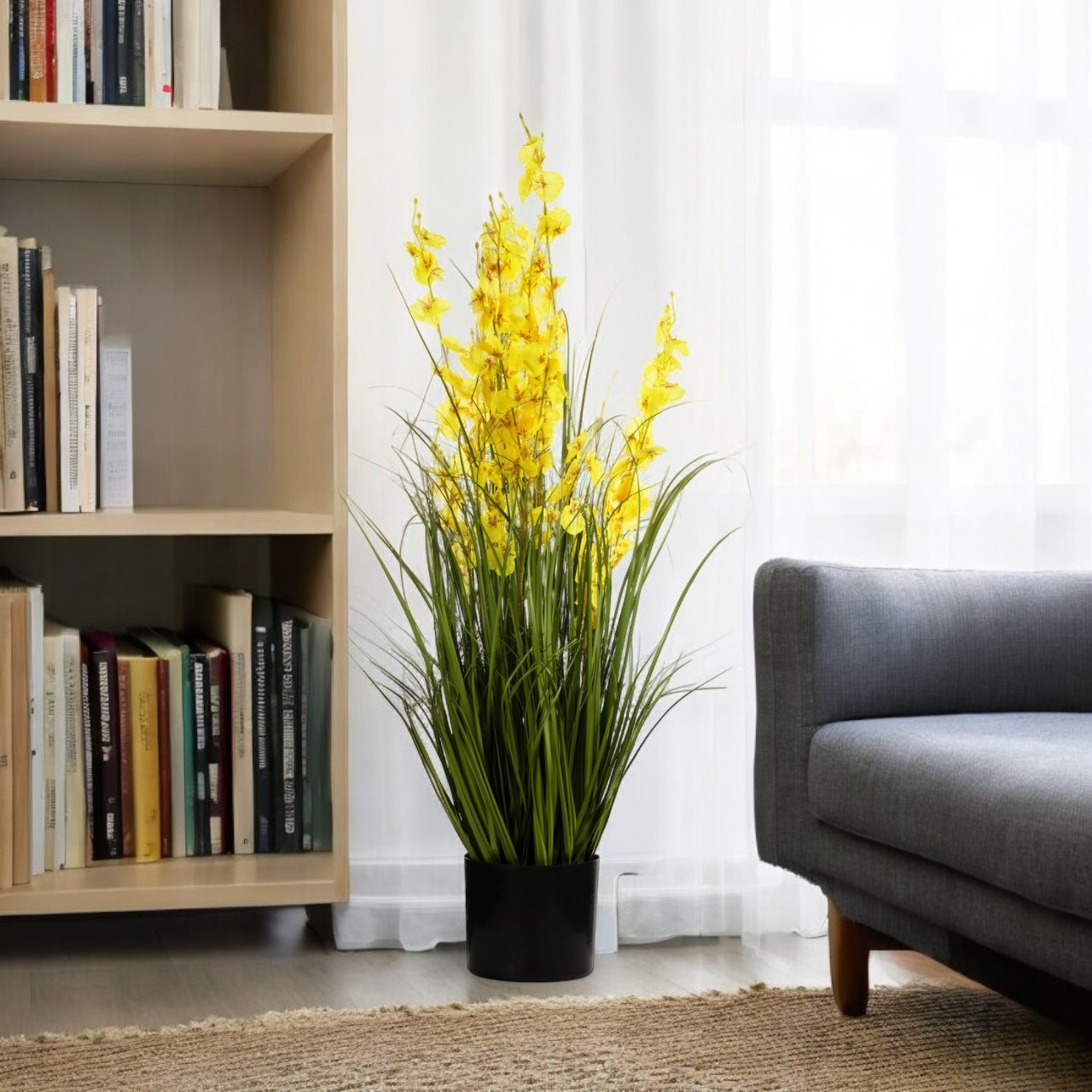 36" Mixed Artificial Grass and Orchid Flowers in Black Nursery Pot (New) — Available in 4 Colors