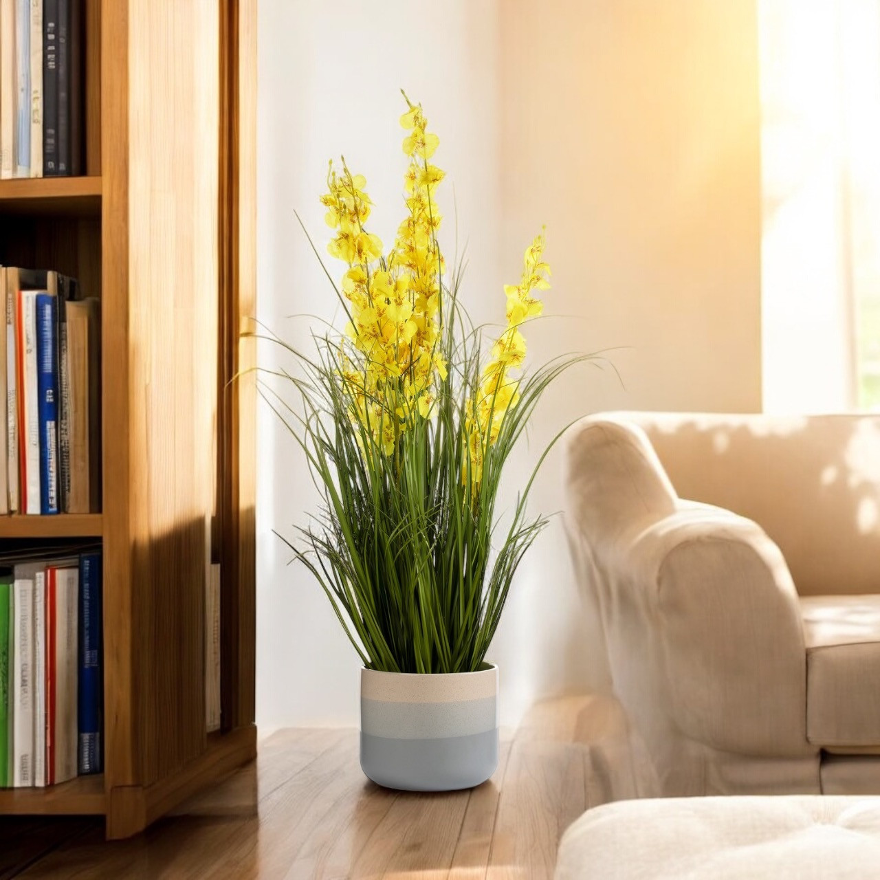 36" Mixed Artificial Grass and Orchid Flowers in Black Nursery Pot (New) — Available in 2 Colors
