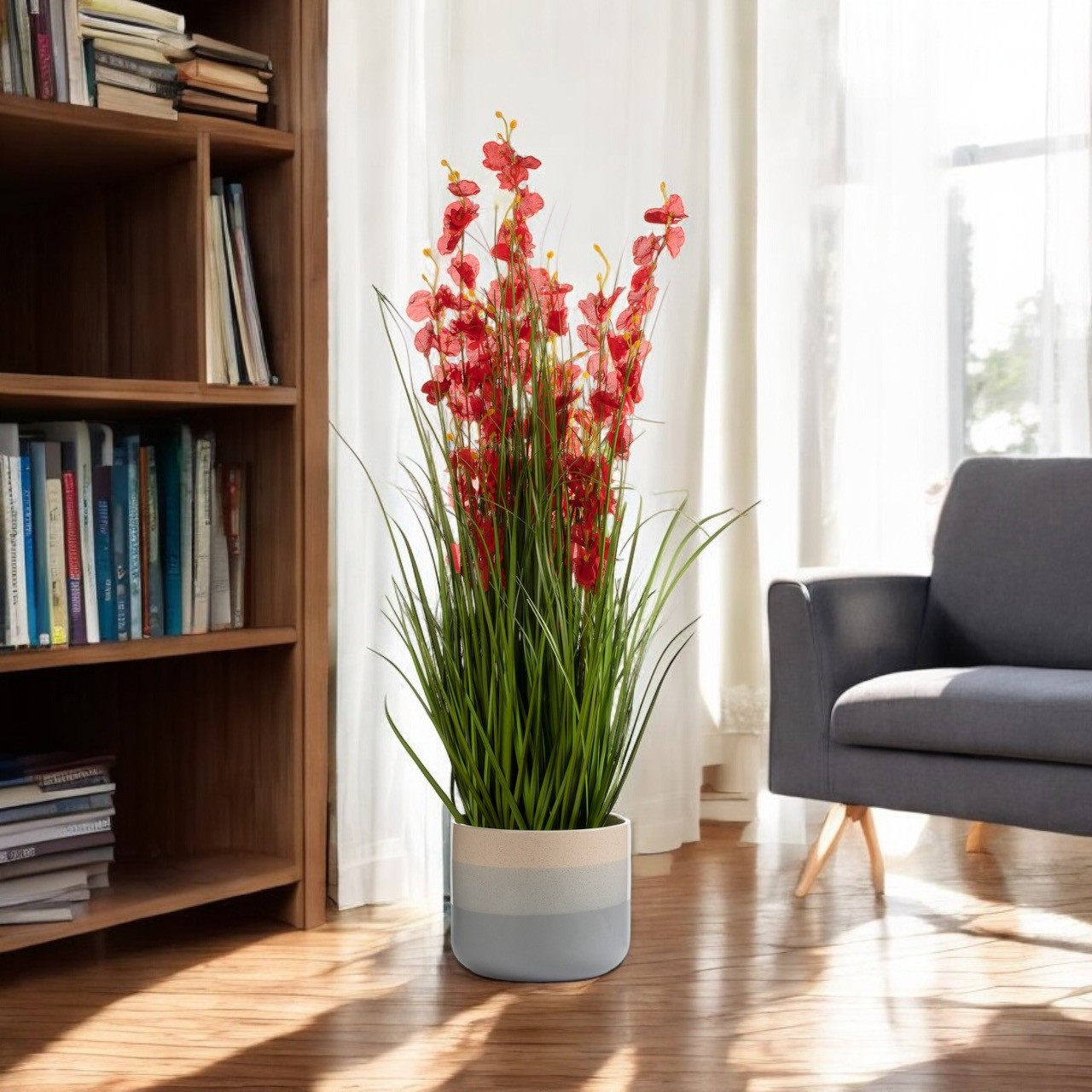 36" Mixed Artificial Grass and Orchid Flowers in Black Nursery Pot (New) — Available in 4 Colors