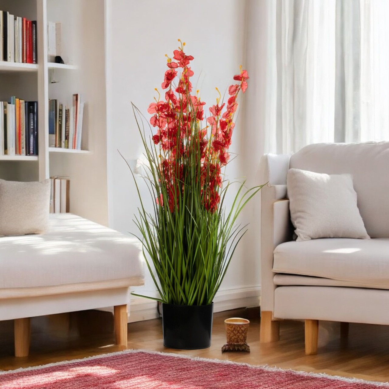 36" Mixed Artificial Grass and Orchid Flowers in Black Nursery Pot (New) — Available in 4 Colors