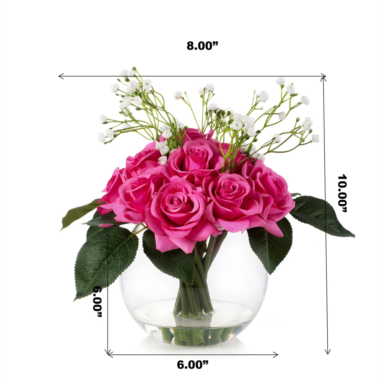 16 Pieces Mixed Artificial Rose and Baby Breath Flowers Arrangement in Clear Glass Vase with Faux Water (New) — Available in 5 Colors