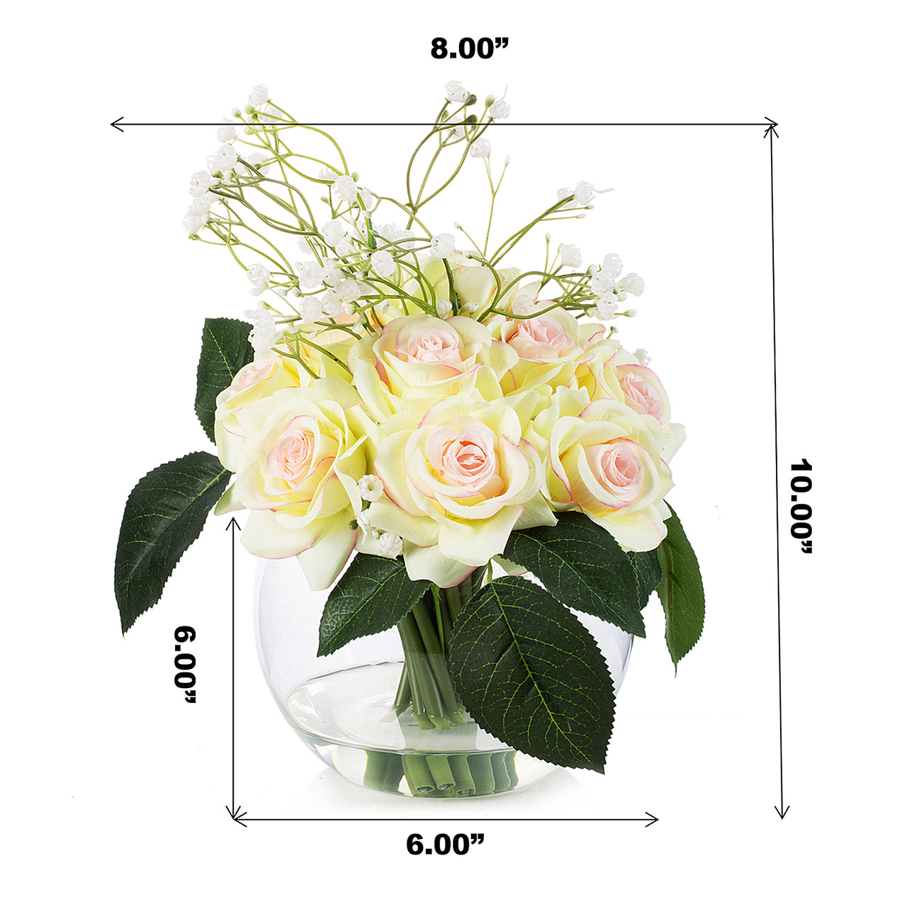 16 Pieces Mixed Artificial Rose and Baby Breath Flowers Arrangement in Clear Glass Vase with Faux Water (New) — Available in 5 Colors