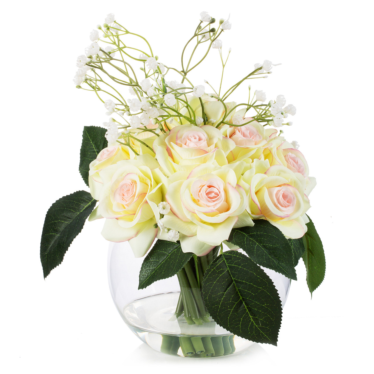 16 Pieces Mixed Artificial Rose and Baby Breath Flowers Arrangement in Clear Glass Vase with Faux Water (New) — Available in 5 Colors