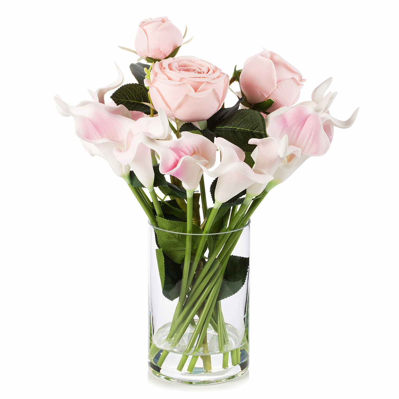 Mixed Artificial Real Touch Lily and Rose Flower Arrangement in Clear Glass Vase with Faux Water (New) — Available in 3 Colors