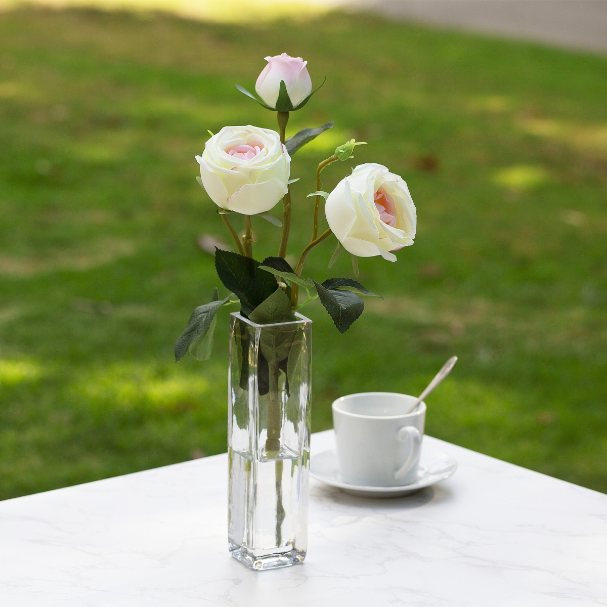 Artificial Silk Rose Flower in Clear Glass Vase (New) — Available in 6 Colors