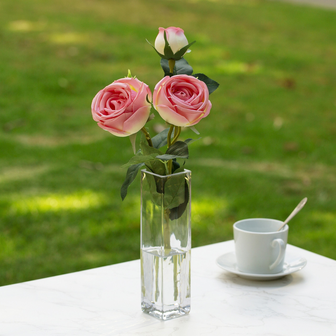 Artificial Silk Rose Flower in Clear Glass Vase (New) — Available in 6 Colors