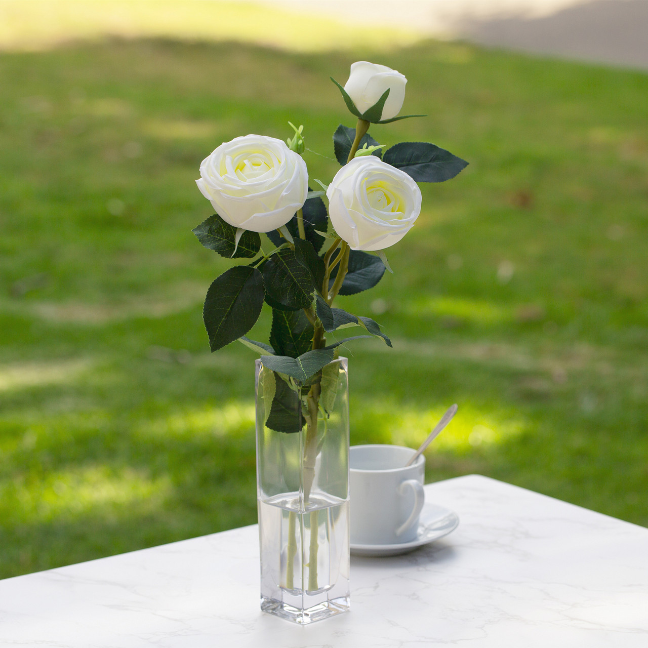 Artificial Silk Rose Flower in Clear Glass Vase (New) — Available in 6 Colors