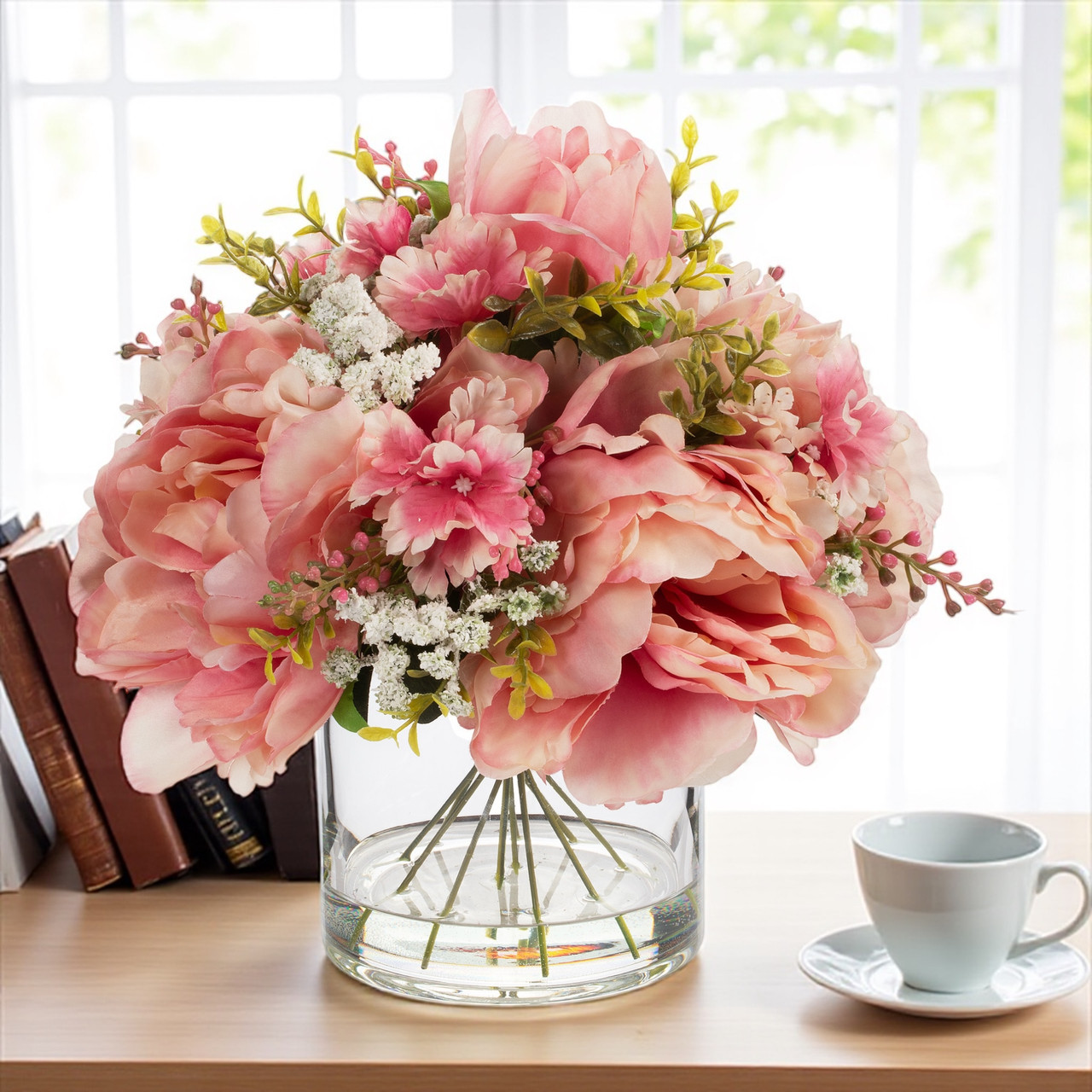 Artificial Peony Flower Arrangement in Glass Vase with Faux Water (New) — Available in 6 Colors