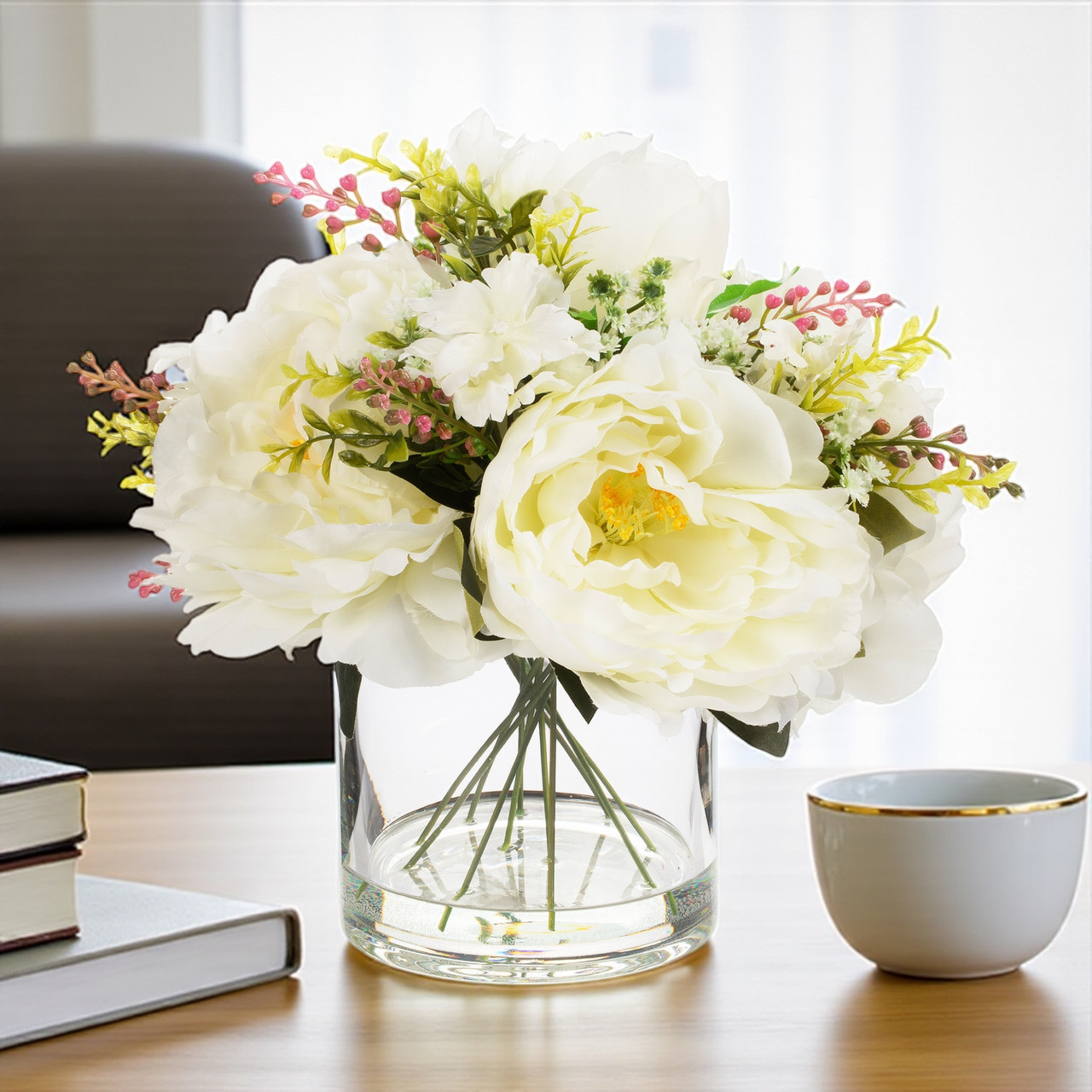 Artificial Peony Flower Arrangement in Glass Vase with Faux Water (New) — Available in 6 Colors