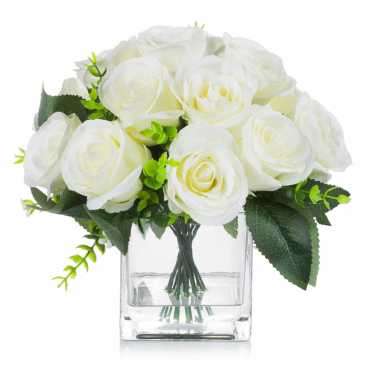 18 Heads Silk Rose Flower Arrangement in Clear Glass Vase with Faux Water (New) — Available in 3 Colors