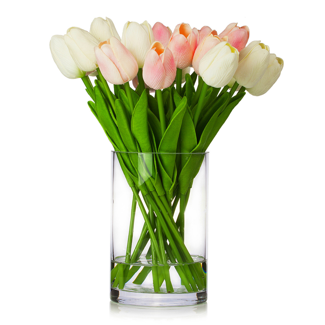 20 Pieces Artificial Real Touch Tulips Flower Arrangement in Glass Vase With Faux Water (New) — Available in 9 Colors