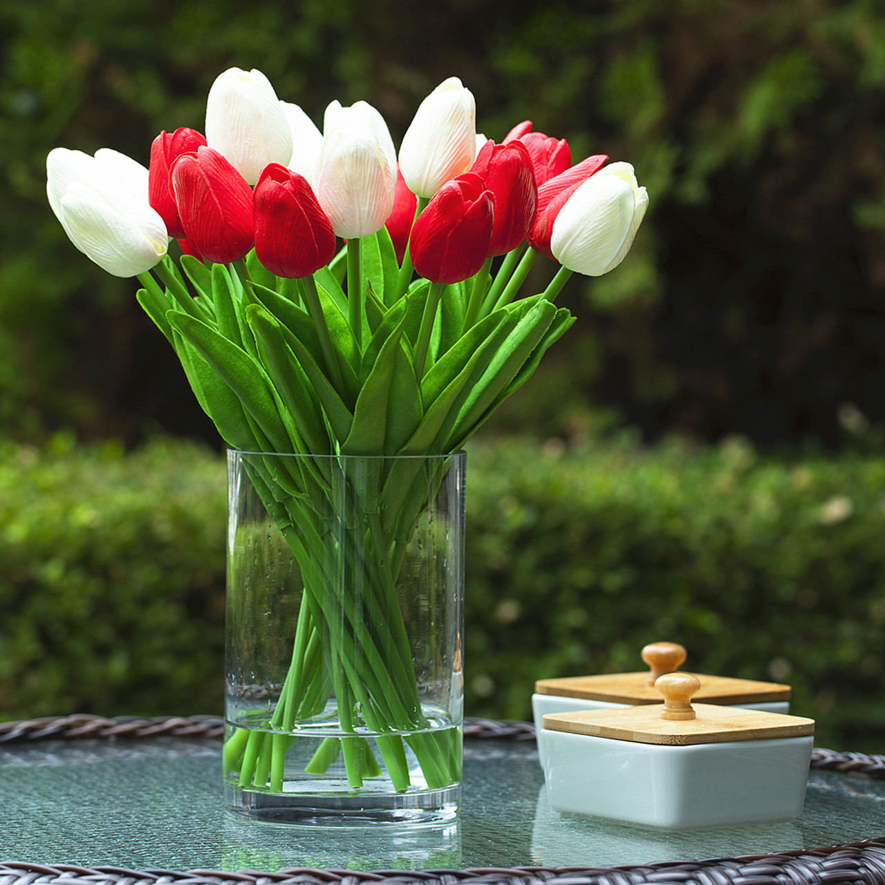 20 Pieces Artificial Real Touch Tulips Flower Arrangement in Glass Vase With Faux Water (New) — Available in 9 Colors