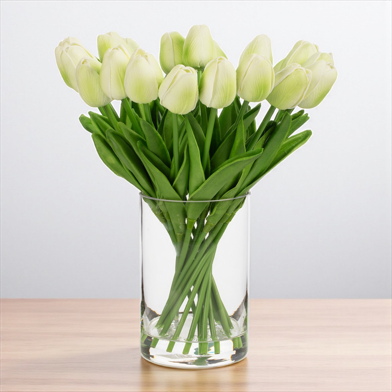 20 Pieces Artificial Real Touch Tulips Flower Arrangement in Glass Vase With Faux Water (New) — Available in 9 Colors