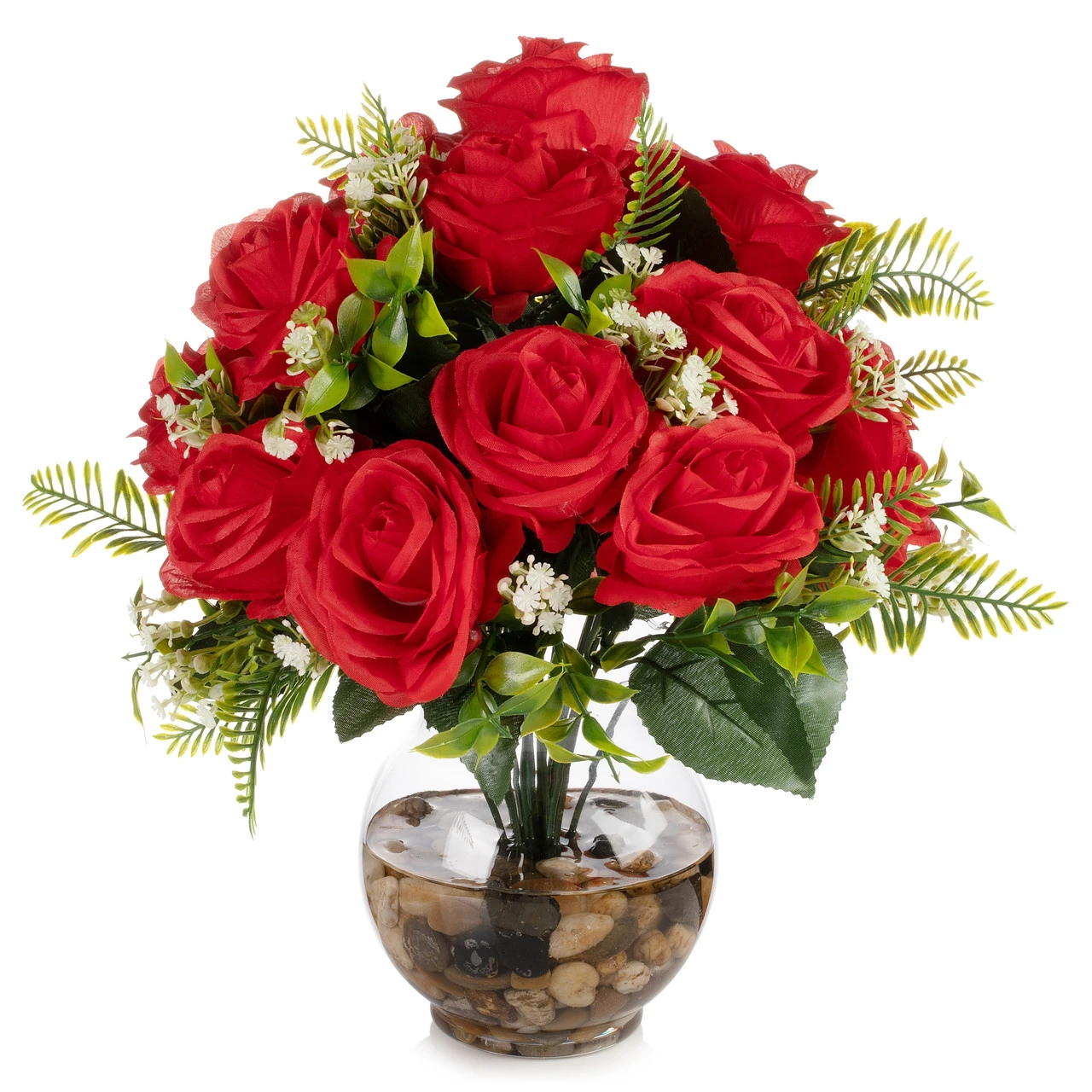 18 Heads Pink Silk Rose Flower in Clear Glass Vase With Faux Water and River Stone (New) — Available in 9 Colors