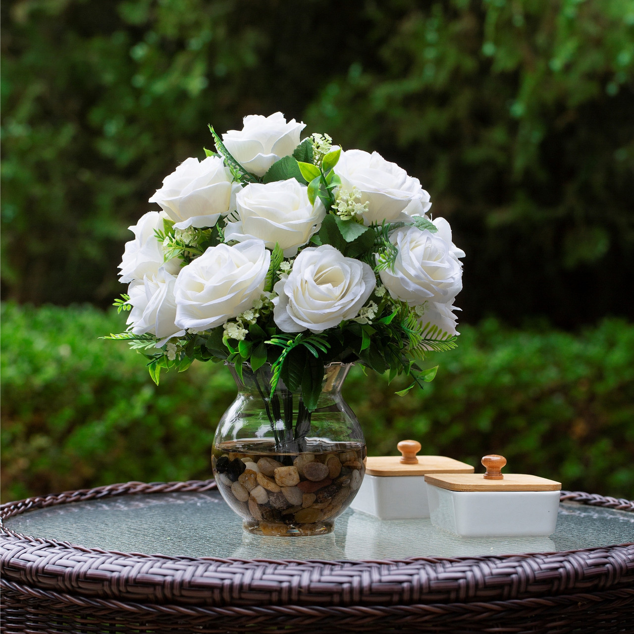 18 Heads Pink Silk Rose Flower in Clear Glass Vase With Faux Water and River Stone (New) — Available in 9 Colors