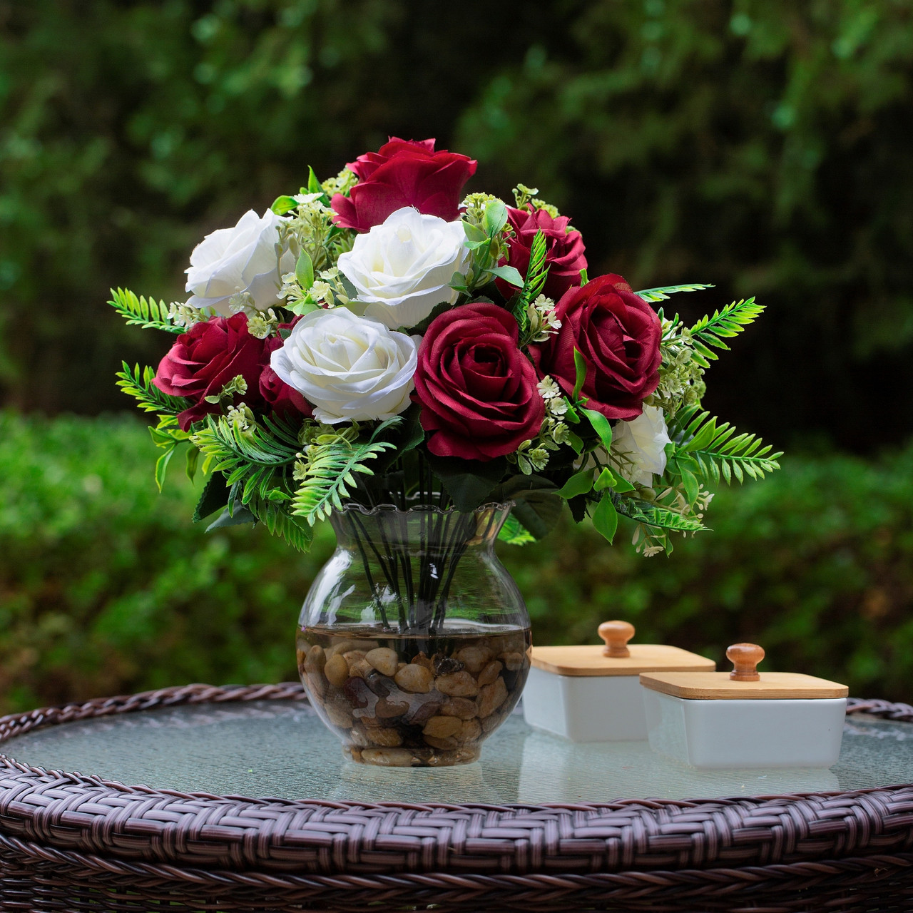 18 Heads Pink Silk Rose Flower in Clear Glass Vase With Faux Water and River Stone (New) — Available in 9 Colors