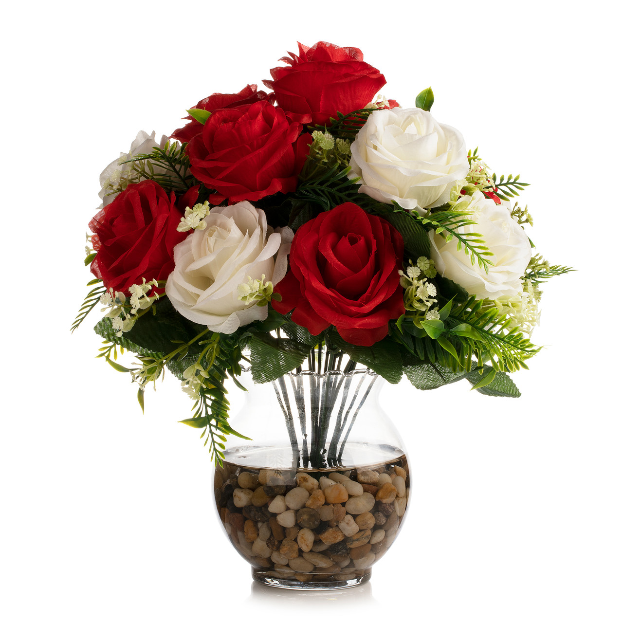 18 Heads Pink Silk Rose Flower in Clear Glass Vase With Faux Water and River Stone (New) — Available in 9 Colors