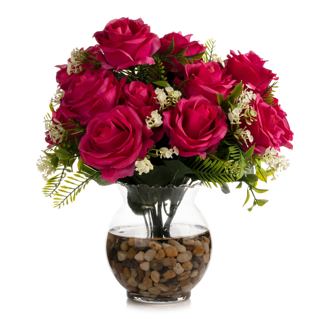 18 Heads Pink Silk Rose Flower in Clear Glass Vase With Faux Water and River Stone (New) — Available in 9 Colors