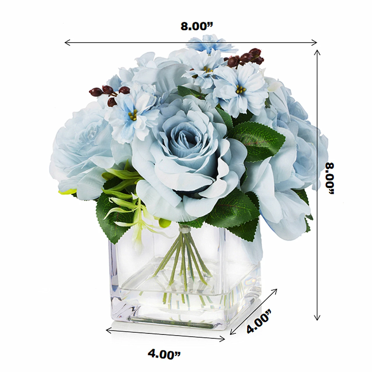 Mixed Artificial Silk  Rose Flower Arrangement in Cube Glass Vase With Faux Water (New) — Available in 4 Colors