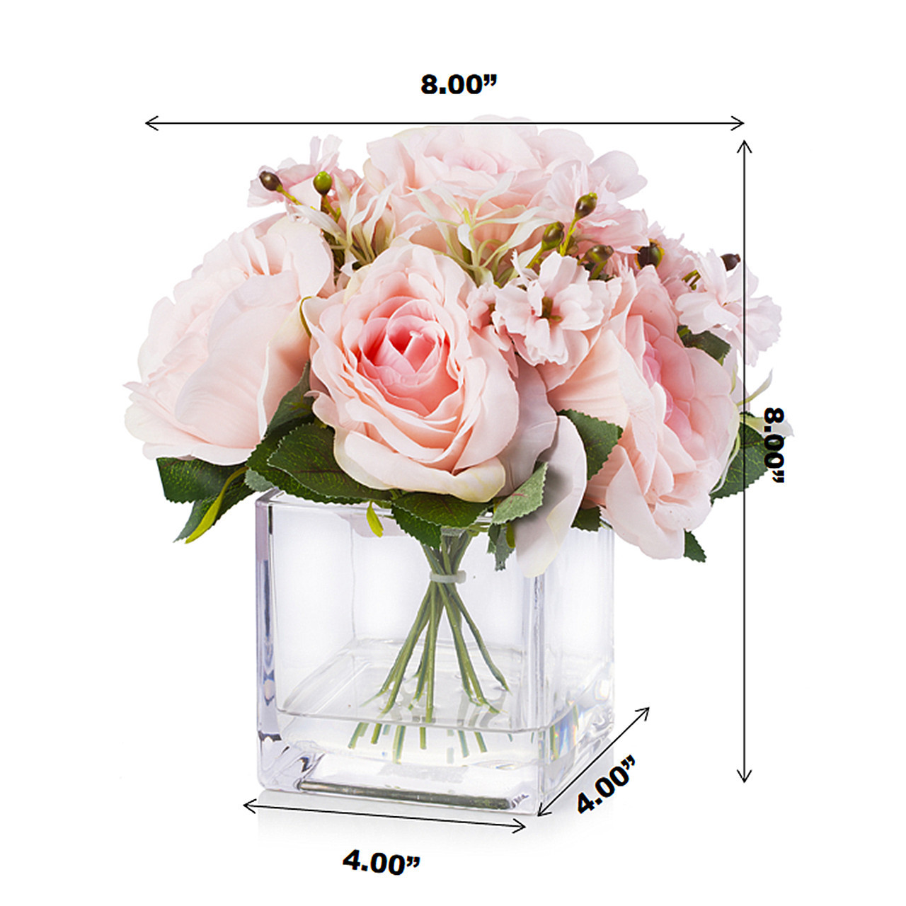Mixed Artificial Silk  Rose Flower Arrangement in Cube Glass Vase With Faux Water (New) — Available in 4 Colors