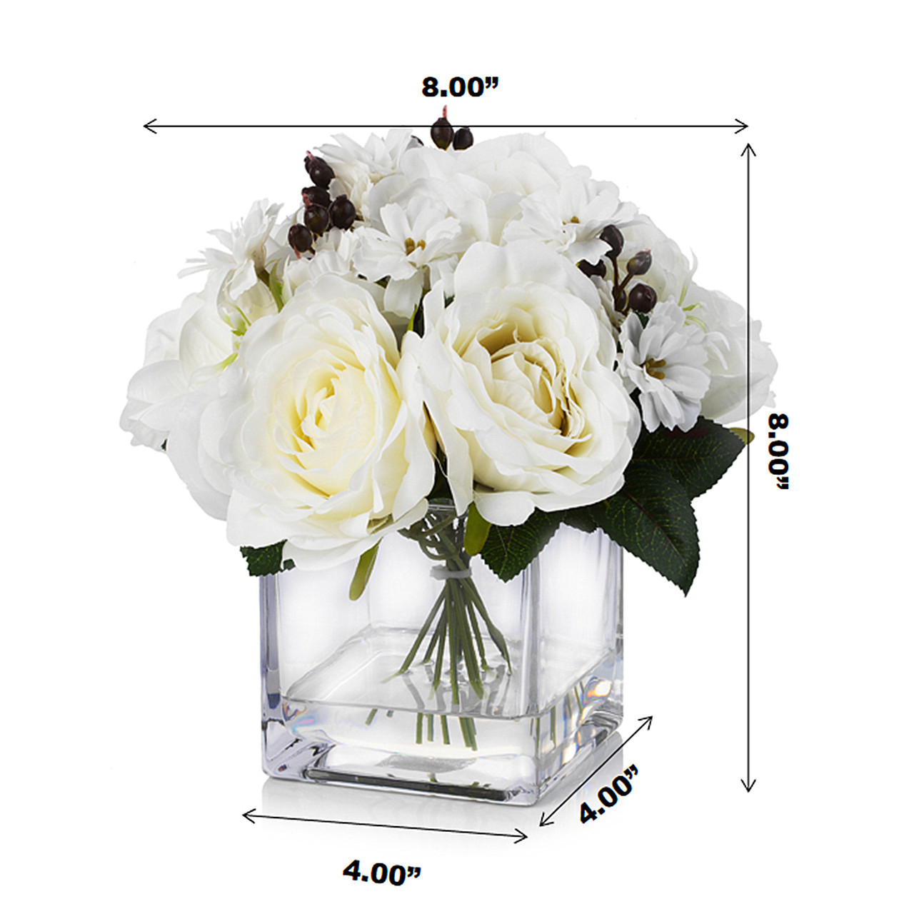 Mixed Artificial Silk  Rose Flower Arrangement in Cube Glass Vase With Faux Water (New) — Available in 4 Colors
