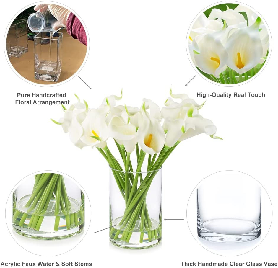 20 Pieces Artificial Real Touch Lilies Flower Arrangement in Glass Vase With Faux Water (New) — Available in 5 Colors