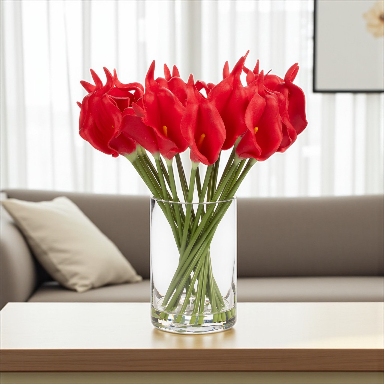 20 Pieces Artificial Real Touch Lilies Flower Arrangement in Glass Vase With Faux Water (New) — Available in 5 Colors