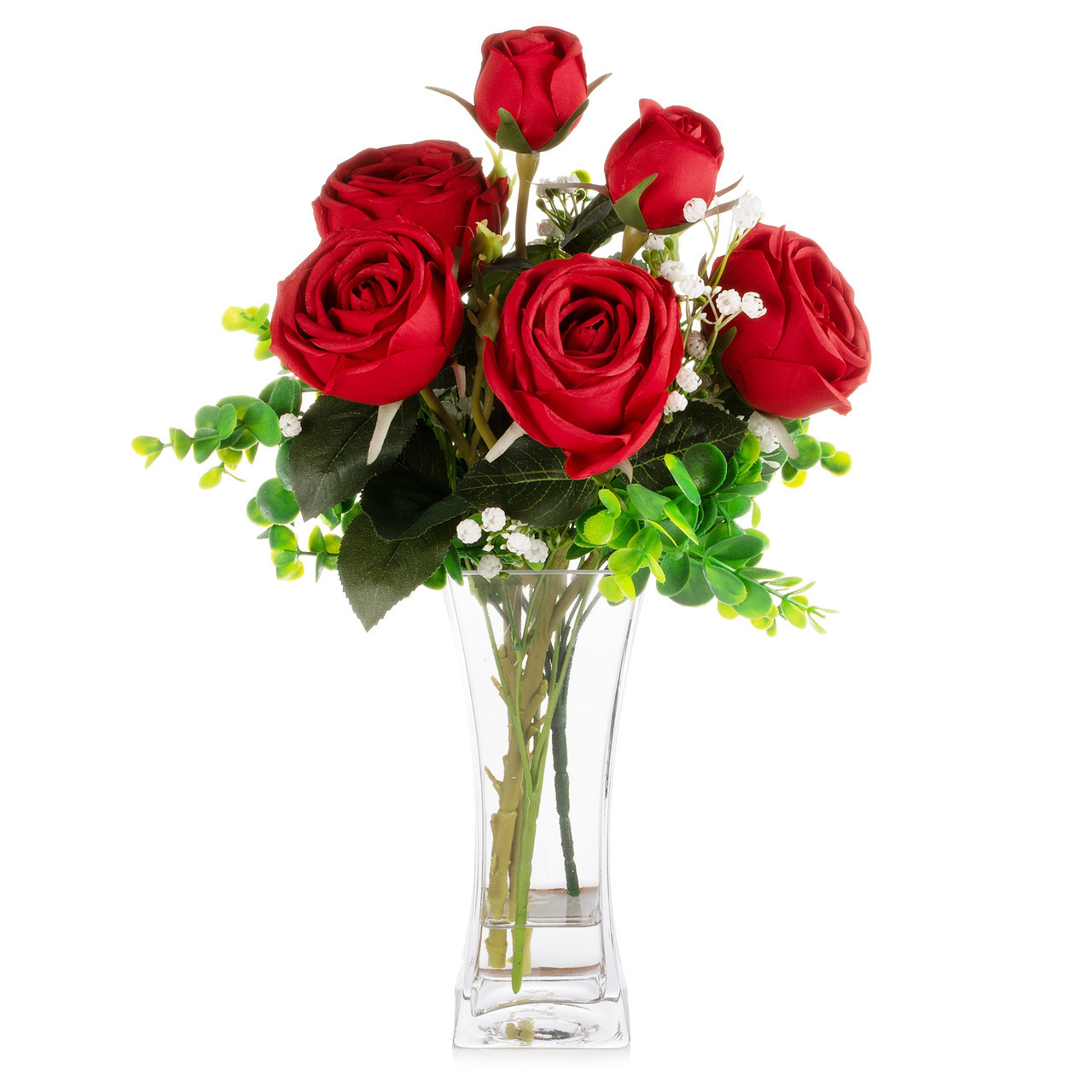 Mixed Rose Flower Arrangement in Clear Glass Vase with Acrylic Water (New) — Available in 3 Colors