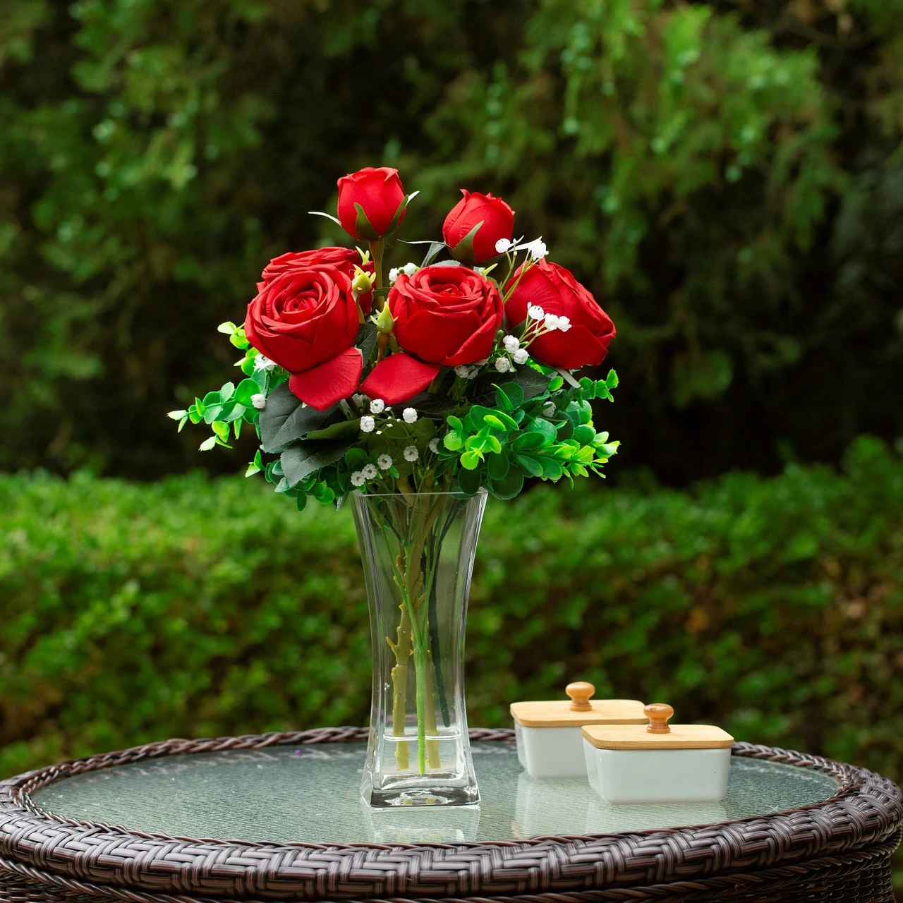Mixed Rose Flower Arrangement in Clear Glass Vase with Acrylic Water (New) — Available in 3 Colors