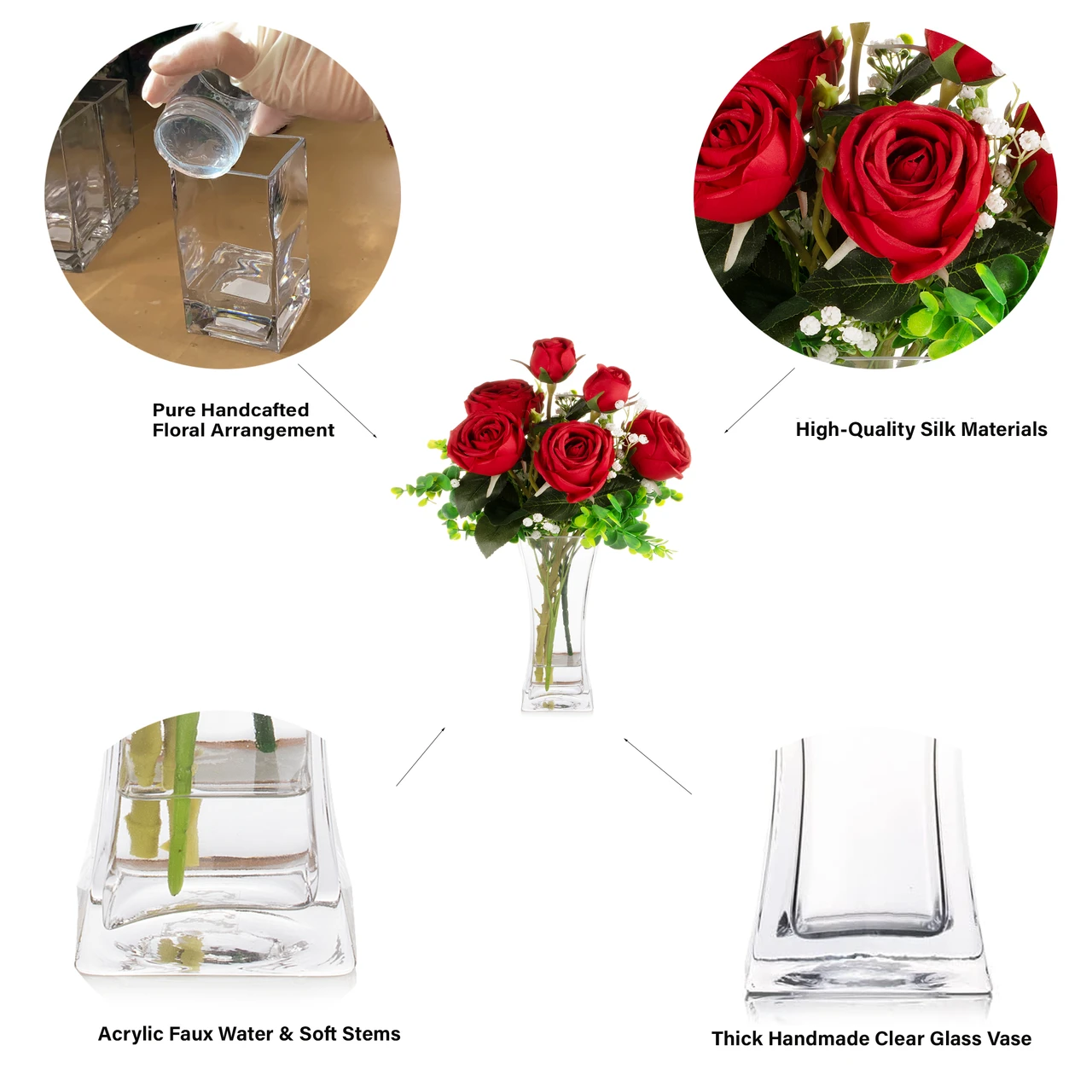 Mixed Rose Flower Arrangement in Clear Glass Vase with Acrylic Water (New) — Available in 3 Colors