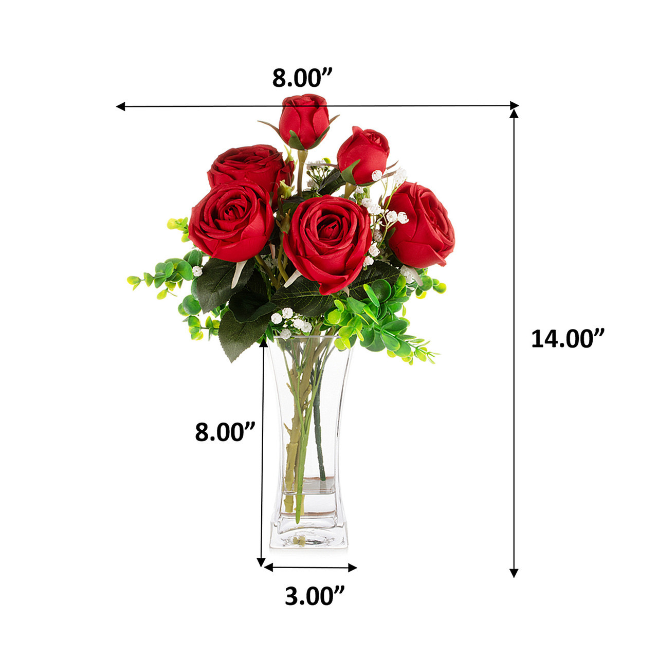 Mixed Rose Flower Arrangement in Clear Glass Vase with Acrylic Water (New) — Available in 3 Colors