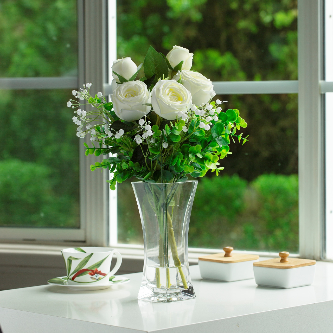 Mixed Rose Flower Arrangement in Clear Glass Vase with Acrylic Water (New) — Available in 3 Colors