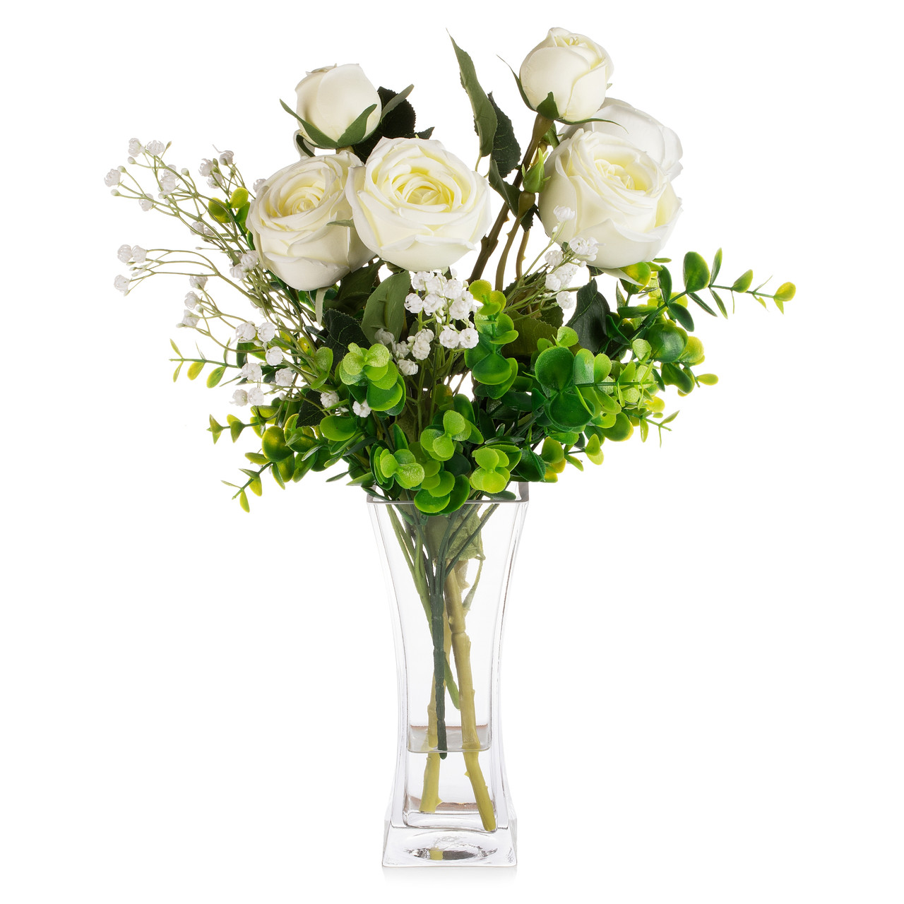 Mixed Rose Flower Arrangement in Clear Glass Vase with Acrylic Water (New) — Available in 3 Colors