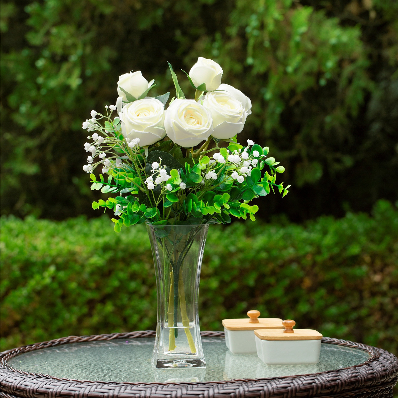 Mixed Rose Flower Arrangement in Clear Glass Vase with Acrylic Water (New) — Available in 3 Colors