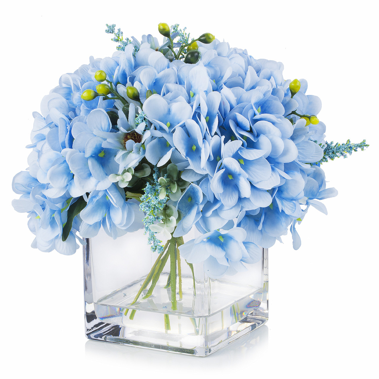 Mixed Artificial Silk Hydrangea Flower Arrangement in Cube Glass Vase With Faux Water (New) — Available in 2 Colors