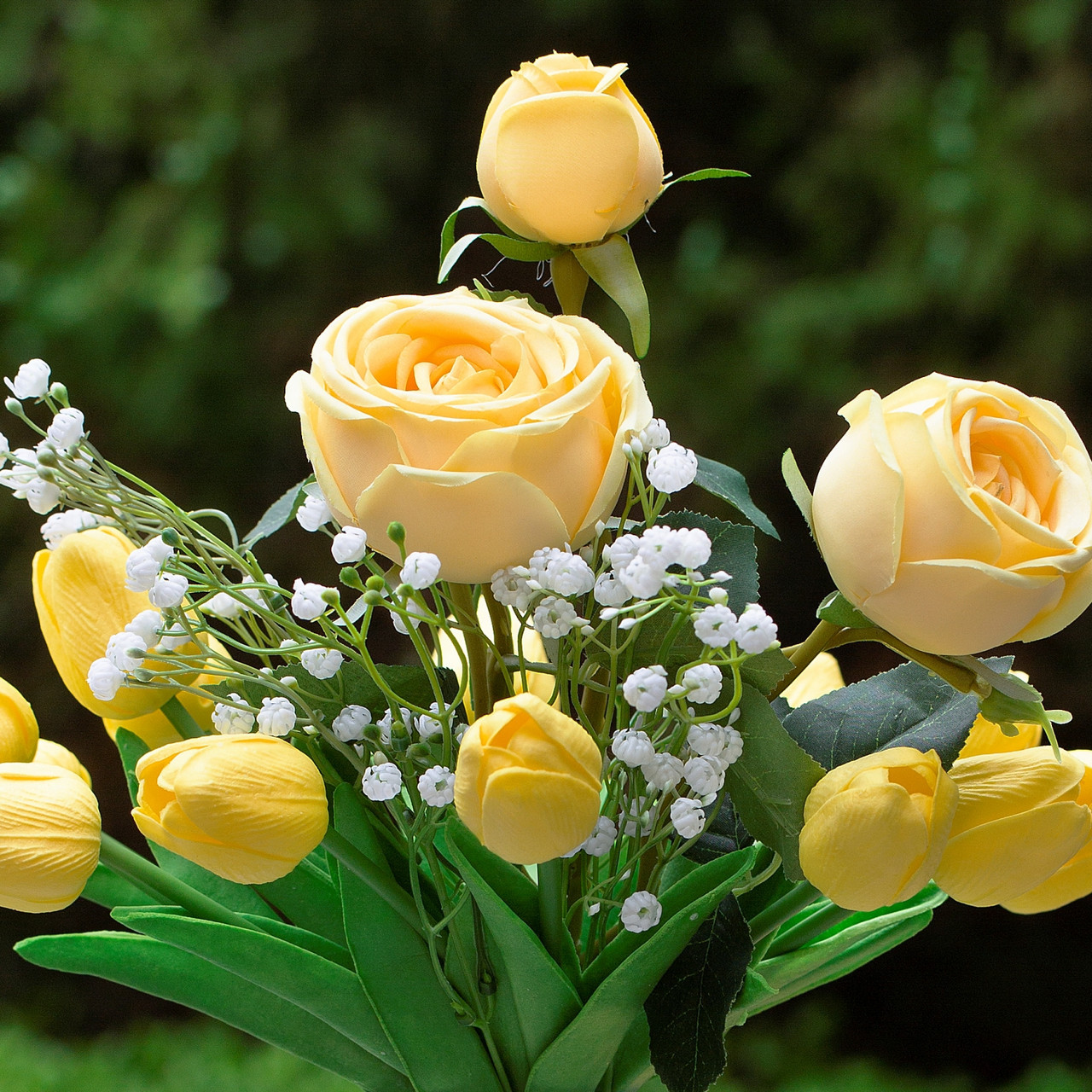 Mixed Rose and Tulip Flower Arrangement in Clear Glass Vase with Acrylic Water (New) — Available in 3 Colors