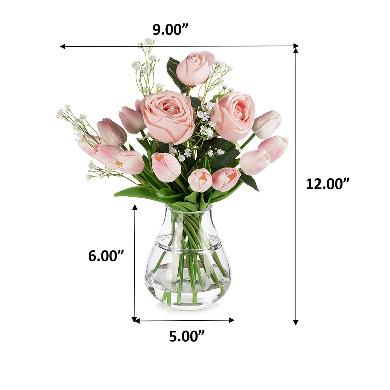 Mixed Rose and Tulip Flower Arrangement in Clear Glass Vase with Acrylic Water (New) — Available in 3 Colors