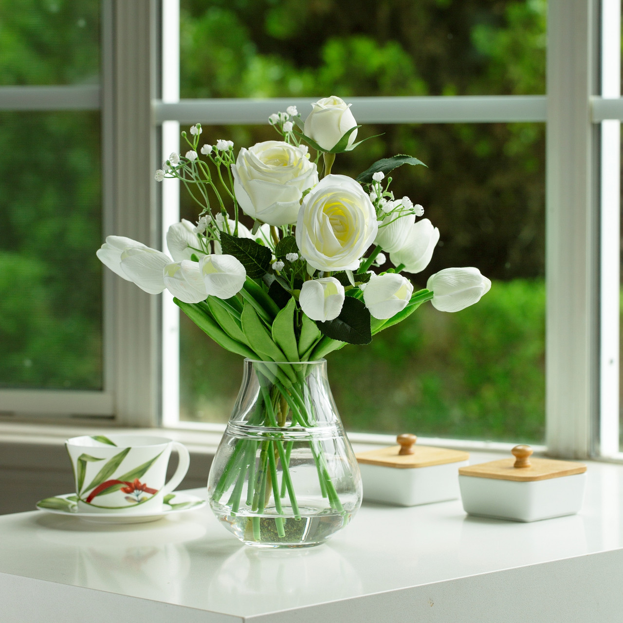 Mixed Rose and Tulip Flower Arrangement in Clear Glass Vase with Acrylic Water (New) — Available in 3 Colors