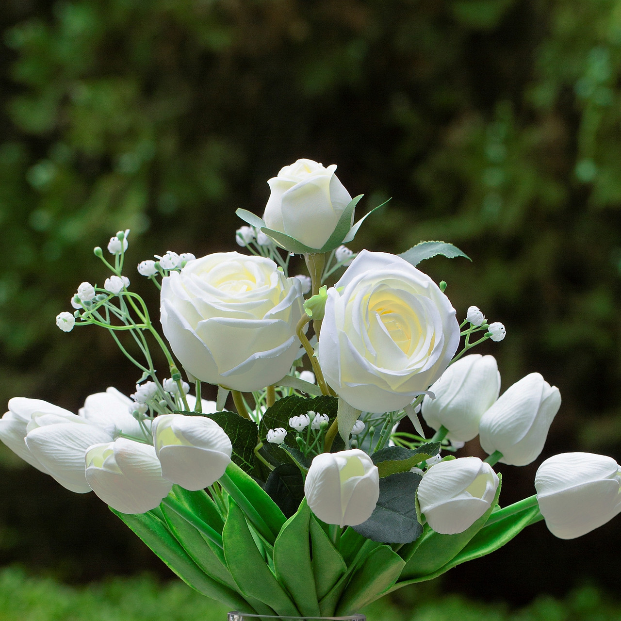 Mixed Rose and Tulip Flower Arrangement in Clear Glass Vase with Acrylic Water (New) — Available in 3 Colors