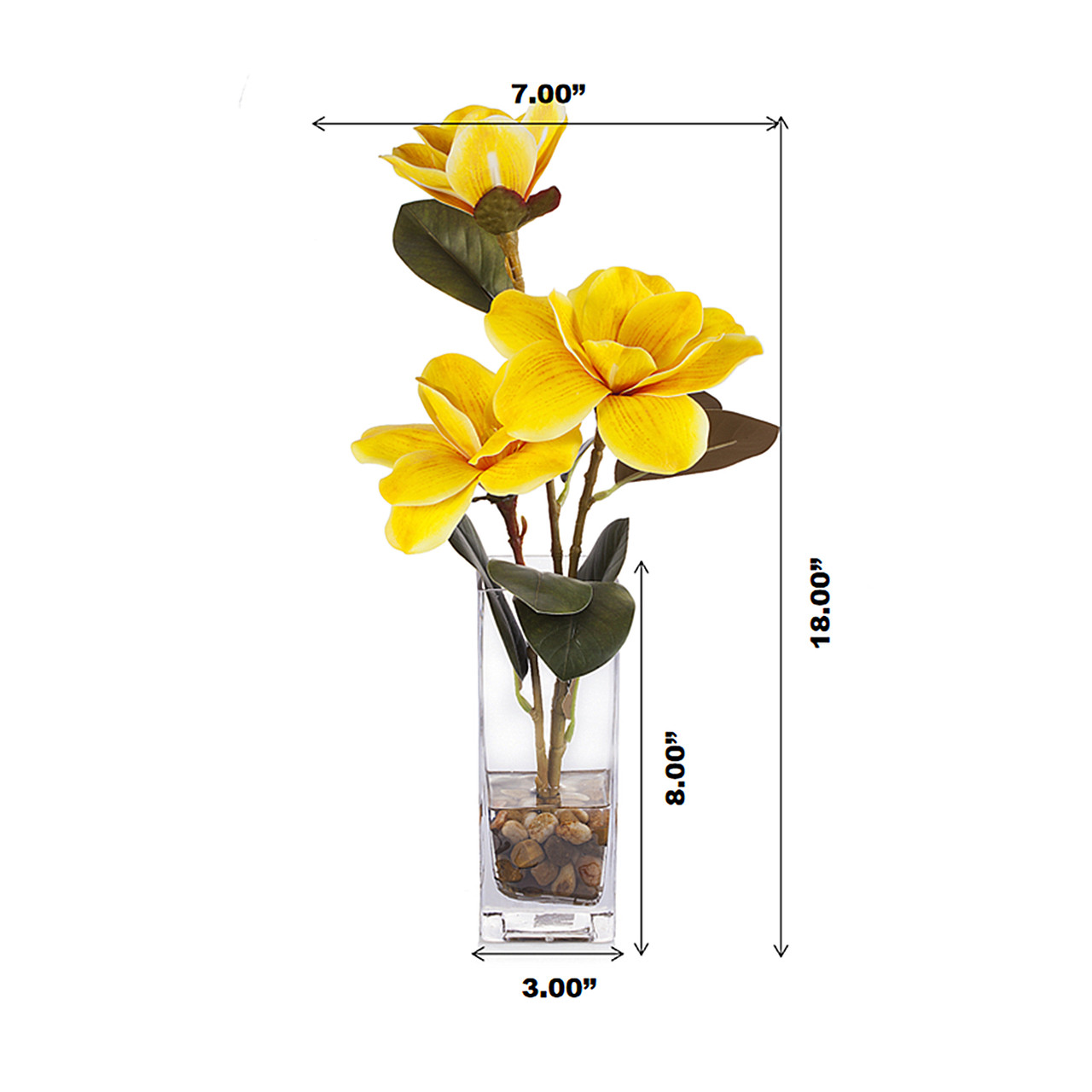 Artificial Real Touch Magnolia Flower Arrangement in Glass Vase With Faux Water and River Rock (New) — Available in 3 Colors
