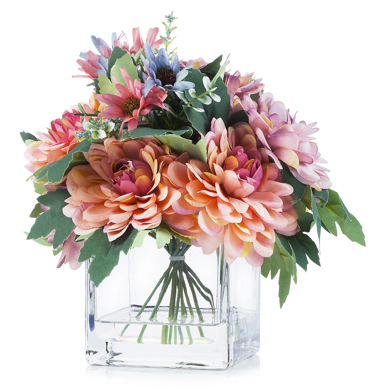Mixed Daisy Flower Arrangements in Clear Glass Vase with Acrylic Water (New) — Available in 3 Colors