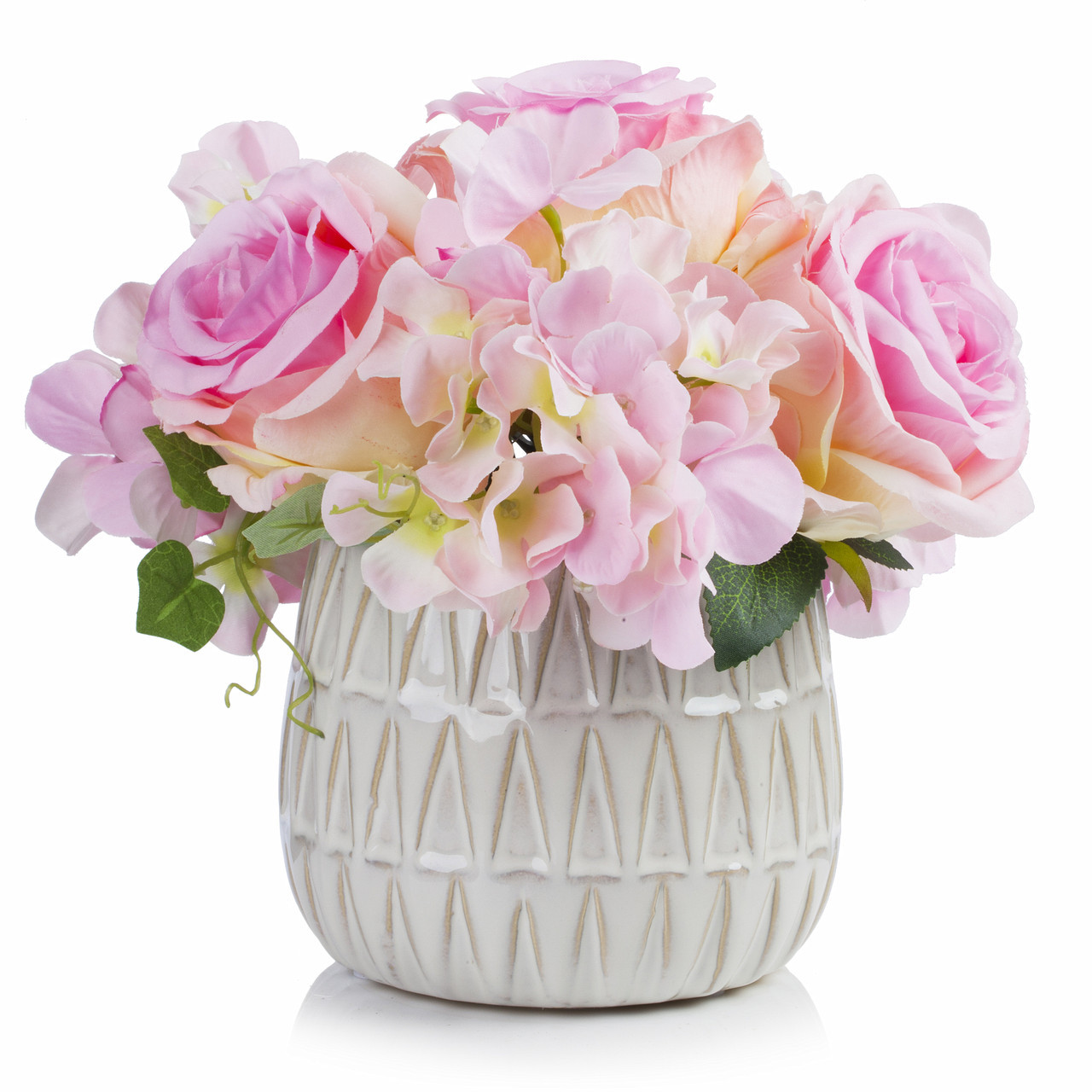 Mixed Artificial Silk Hydrangea and Rose Flower Arrangement in Ceramic Pot (New) — Available in 4 Colors
