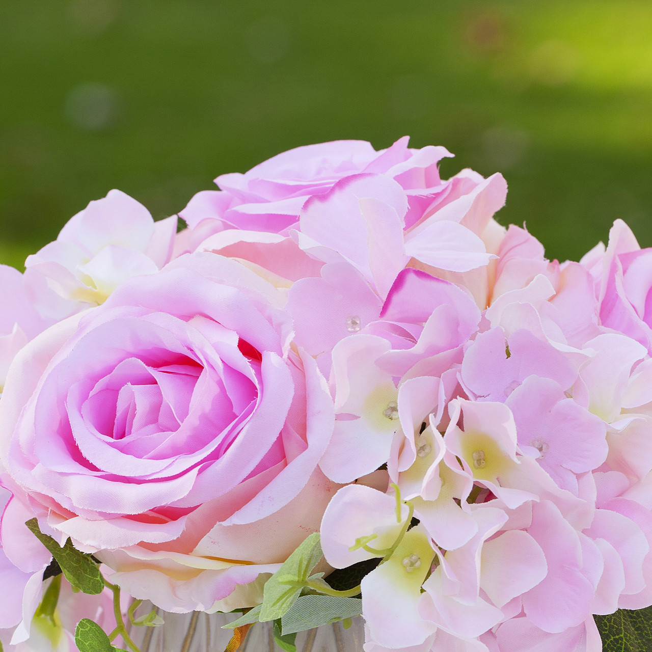 Mixed Artificial Silk Hydrangea and Rose Flower Arrangement in Ceramic Pot (New) — Available in 4 Colors