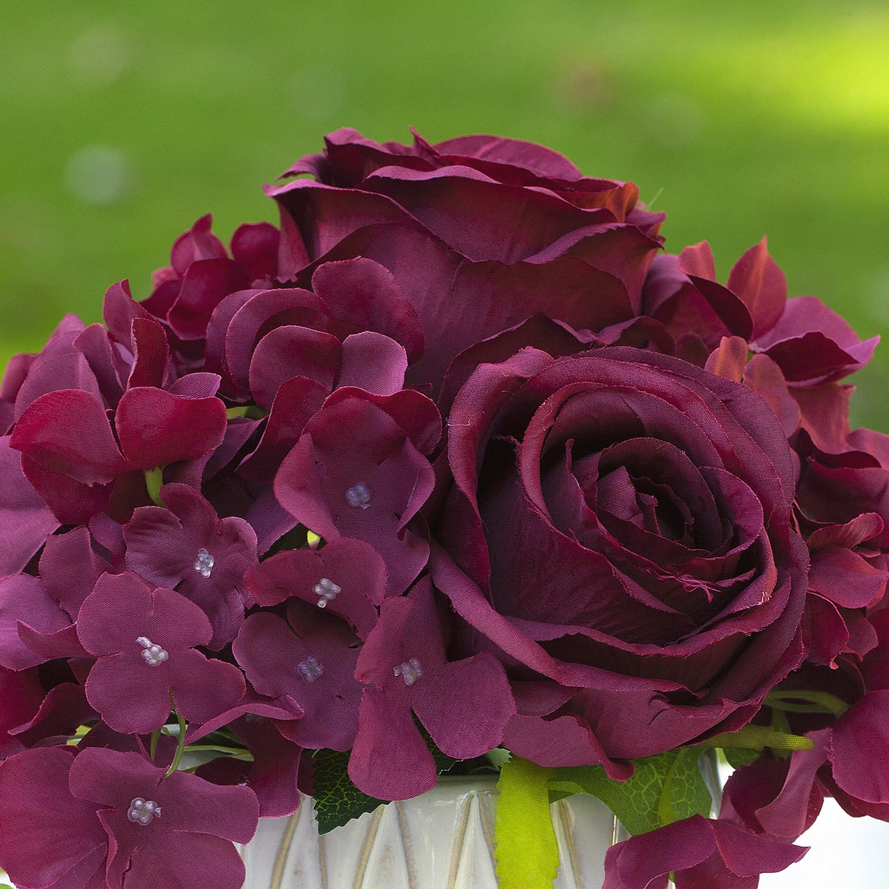 Mixed Artificial Silk Hydrangea and Rose Flower Arrangement in Ceramic Pot (New) — Available in 4 Colors