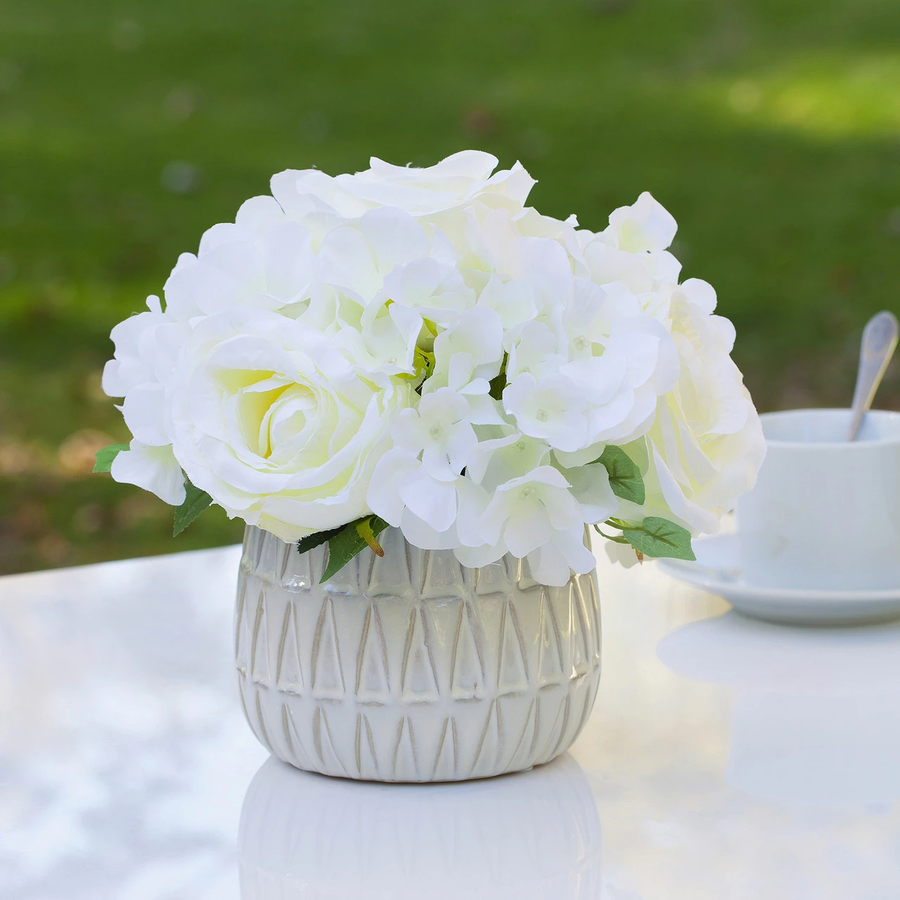 Mixed Artificial Silk Hydrangea and Rose Flower Arrangement in Ceramic Pot (New) — Available in 4 Colors