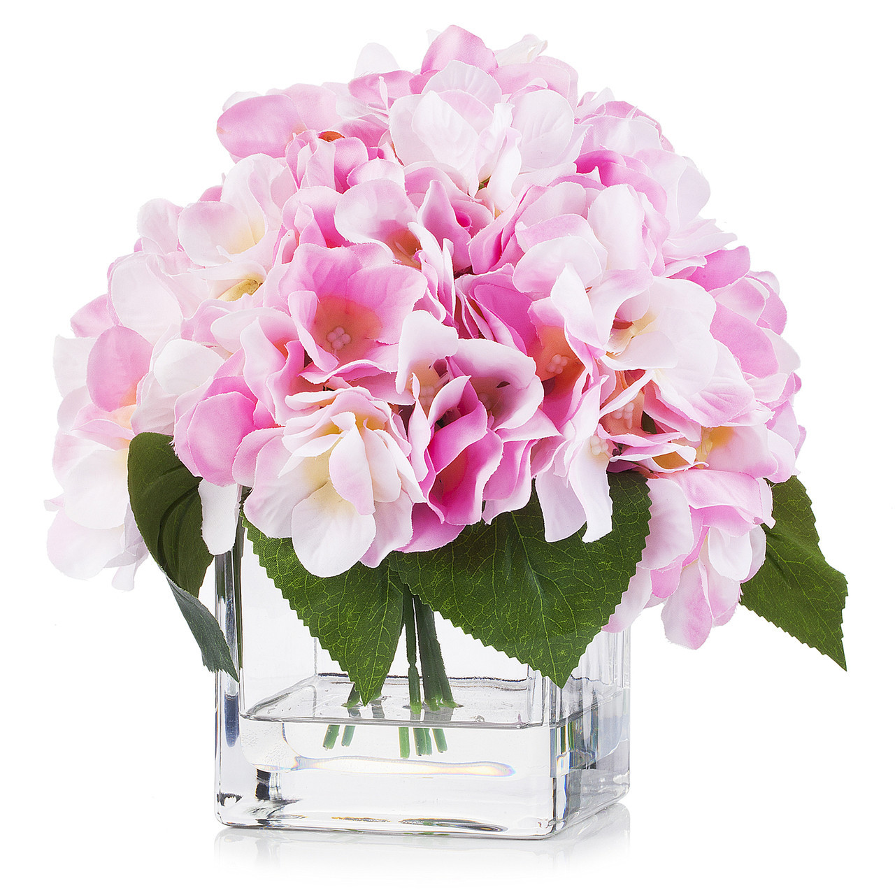 Artificial Silk Hydrangea Flower Arrangement in Cube Glass Vase With Faux Water (New) — Available in 5 Colors