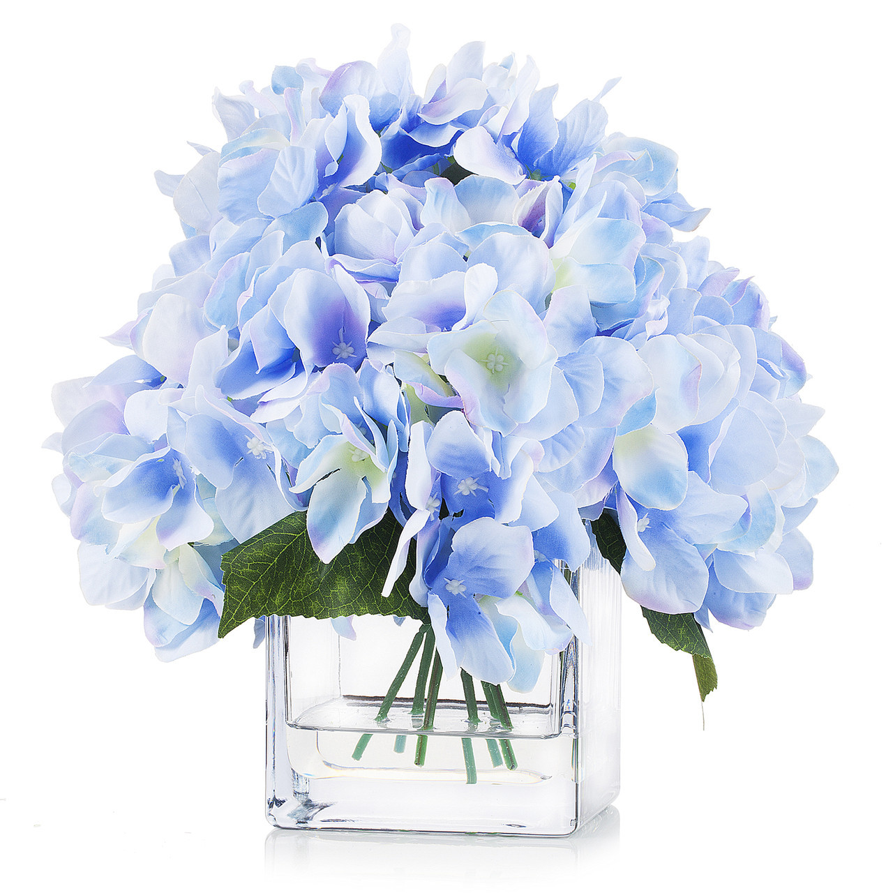 Artificial Silk Hydrangea Flower Arrangement in Cube Glass Vase With Faux Water (New) — Available in 2 Colors