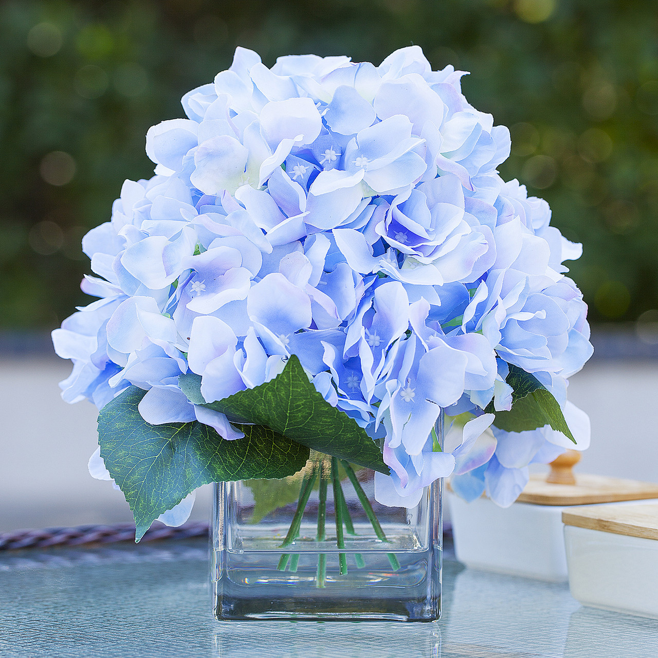 Artificial Silk Hydrangea Flower Arrangement in Cube Glass Vase With Faux Water (New) — Available in 5 Colors